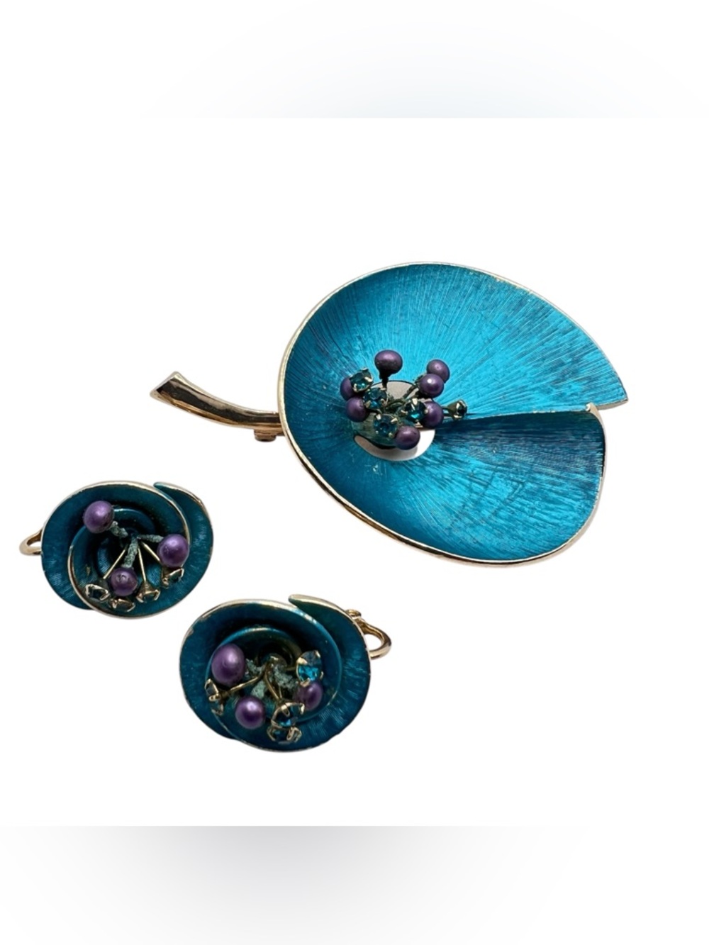 Signed Kramer Blue Leaf Brooch And Clip On Earring Set Sparkling Rhinestones